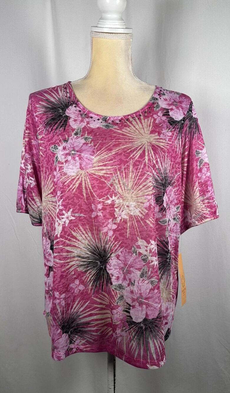 1253-Ruby Rd Top Women 1X Stretch S/S Pink Rhinestones